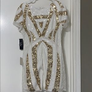 Lulus White/Gold Beautiful Sequin Mini Dress